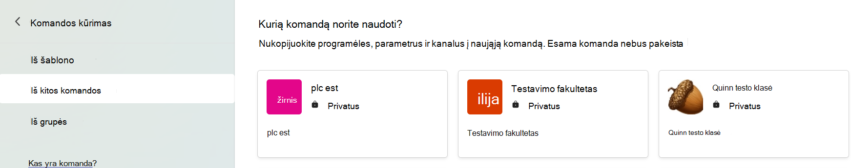 Ekrano kopija, kurioje matyti pasirinkti komandą kopijuoti programėles, parametrus ir kanalus.