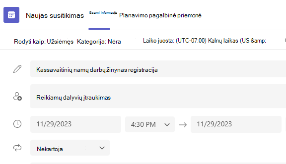Naujo susitikimo ekrano nuotrauka.