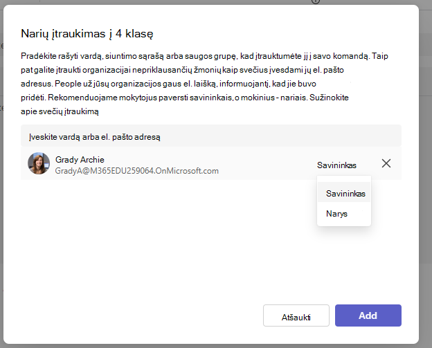 Savininko įtraukimo ekrano kopija.