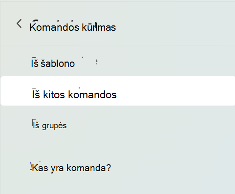 Ekrano nuotrauka, kurioje rodomas komandos kūrimo ekranas su pasirinkta parinktimi 