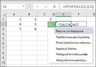 #CALC! klaida – masyve yra diapazonai