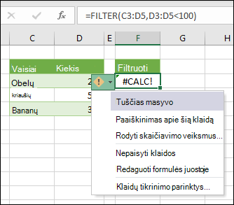 #CALC! klaida – tuščias masyvas