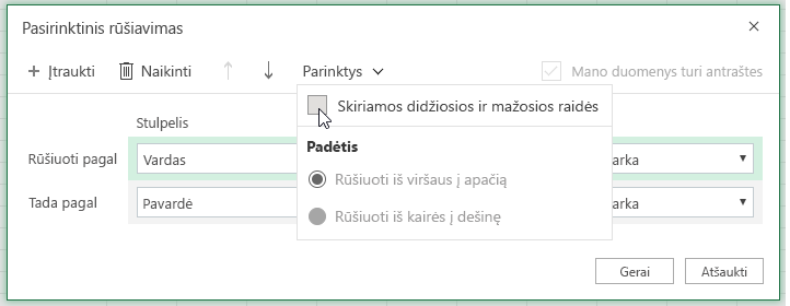 Dialogo langas Pasirinktinis rūšiavimas, kai pasirinkti susiję elementai