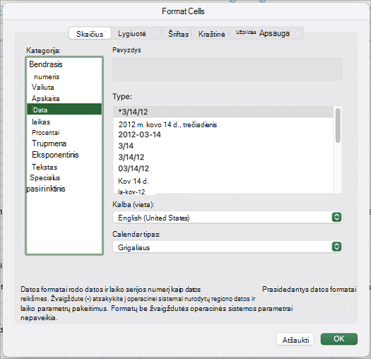 Date format dialog box