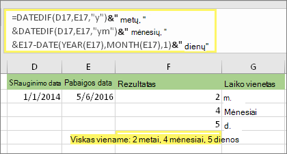 =DATEDIF(D17,E17,y)& metų, &DATEDIF(D17,E17,ym)& mėn., &DATEDIF(D17,E17,md)& dienų ir rezultatas: 2 metai, 4 mėnesiai, 5 dienos