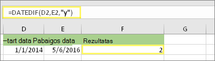 =DATEDIF(D2,E2,y) ir rezultatas: 2