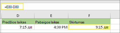=E80-D80 ir rezultatas: 9:15