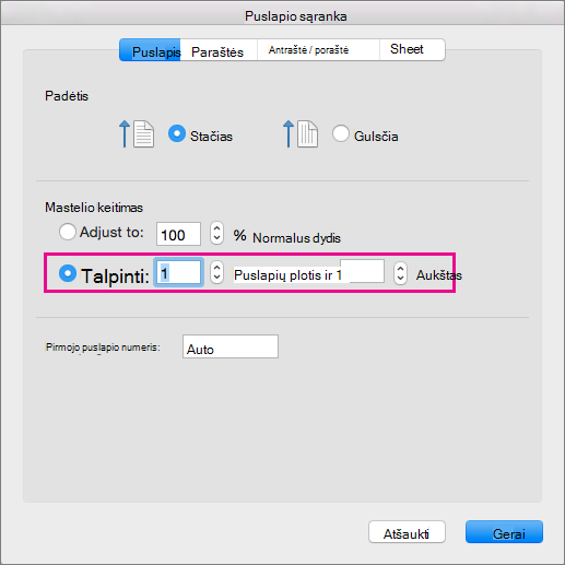 Page Setup dialog box, with Fit to selected