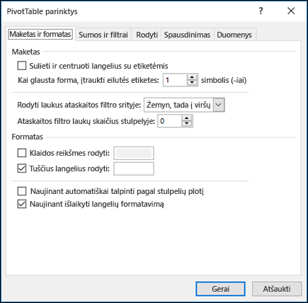 „PivotTable“ parinkčių dialogo langas