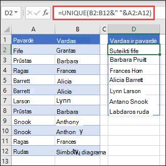 UNIQUE naudojimas su keliais diapazonais, norint sujungti Vardo / Pavardės stulpelius į Vardas ir pavardė.