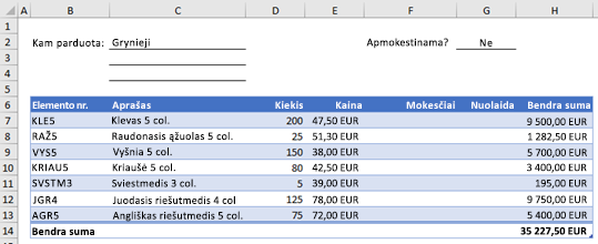 Example order form without a custom function