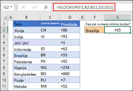Funkcijos XLOOKUP, naudojamos darbuotojo vardui ir skyriui pagal darbuotojo ID pateikti, pavyzdys. Formulė yra =XLOOKUP(B2,B5:B14,C5:C14)