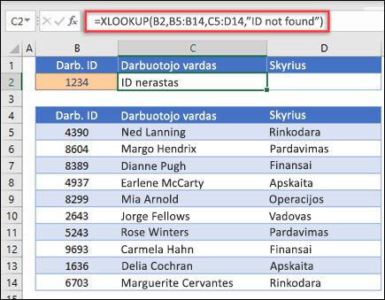 Funkcijos XLOOKUP, naudojamos grąžinti darbuotojo vardą ir skyrių pagal darbuotojo ID su argumentu if_not_found, pavyzdys. Formulė yra =XLOOKUP(B2,B5:B14,C5:D14,0,1,Darbuotojas nerastas)