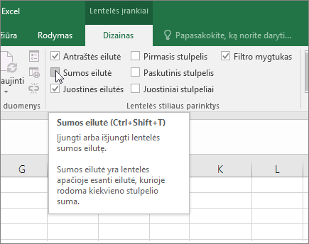 Parinktis Total Row in Design tab