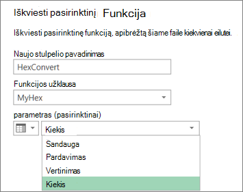 Dialogo langas Iškviesti pasirinktinę funkciją