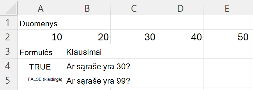 Ieškant diapazone, kuriame yra 10, 20, 30, 40 ir 50, funkcija HAS grąžina TRUE (30) ir FALSE (99)