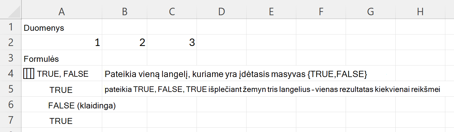 HAS grąžina TRUE ir FALSE viename įdėtojo masyvo langelyje ir TRUE, FALSE, TRUE trimis langeliais žemyn