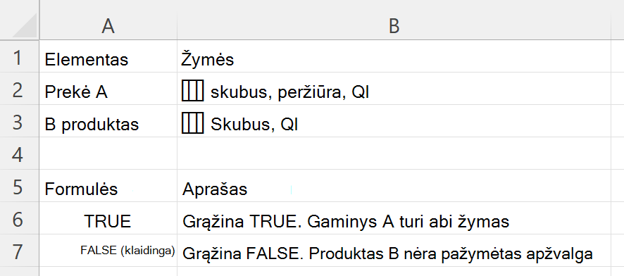 HASALL naudojimas norint patikrinti, ar langelyje, kuriame yra įdėtasis žymių masyvas, yra visos būtinos žymės