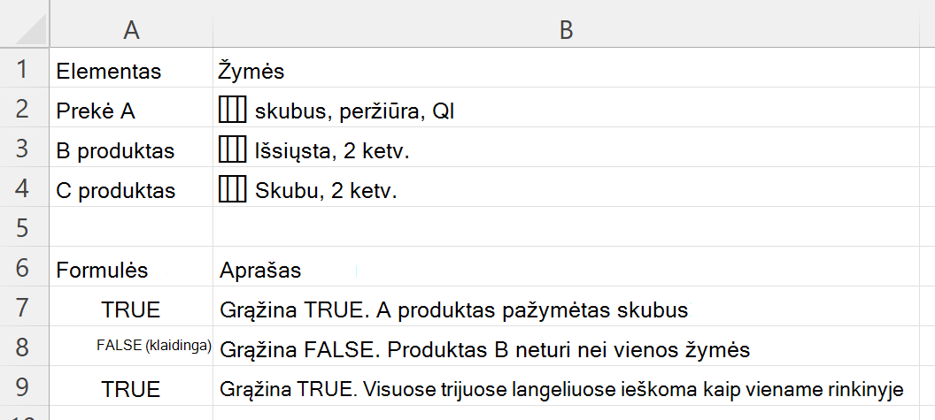Funkcijos HASANY naudojimas norint patikrinti, ar langelyje, kuriame yra įdėtasis žymių masyvas, yra kuri nors iš pasirinktų žymių