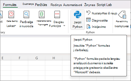 Eikite į Formulės, tada pasirinkite Įterpti Python.