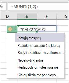 Įdėtasis masyvas #CALC! klaida