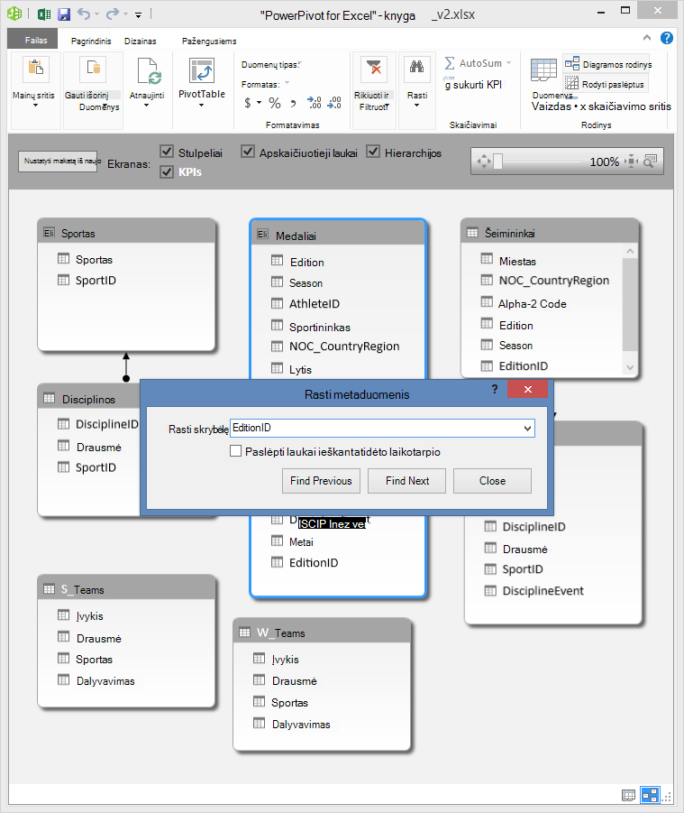 Funkcijos Ieškoti naudojimas „PowerPivot“ diagramos rodinyje