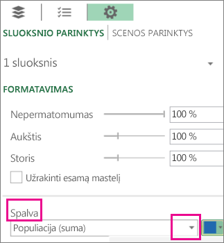 Duomenų sekos sąrašo laukas spalvų išplečiamajame meniu