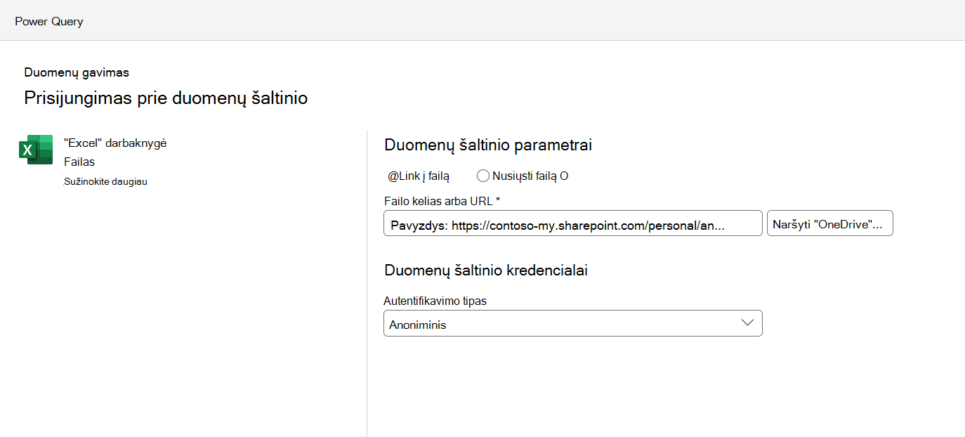 Duomenų šaltinio ryšio parametrų meniu,