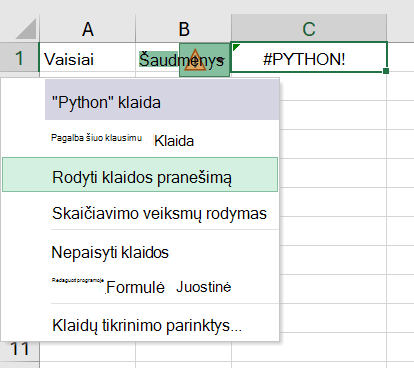 „Python“, esančios „Excel“ langelio klaida, kai atidarytas klaidos meniu.