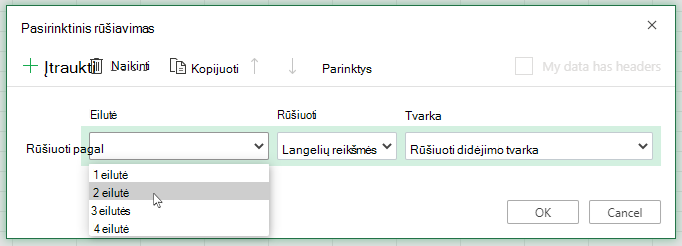 Pasirinkus rūšiuoti iš kairės į dešinę, atidarytas pasirinktinio rūšiavimo dialogo lango išplečiamasis eilutės meniu