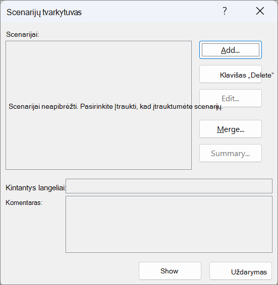 Ekrano kopija, kurioje rodomas scenarijų tvarkytuvas.