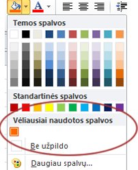 Parinktis Vėliausiai naudotos spalvos