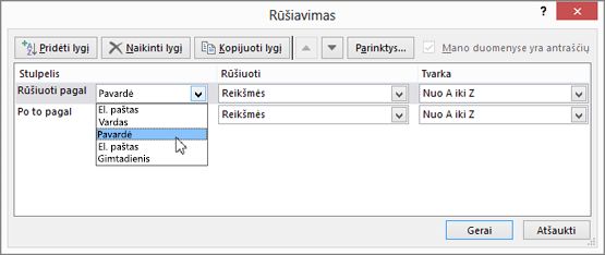 Dalyje Stulpelis spustelėkite Rūšiuoti pagal ir pasirinkite parinktį.