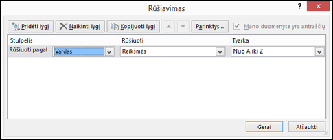 Pasirinkite pirmą stulpelį, kad galėtumėte rūšiuoti