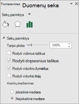Užduočių srityje Duomenų atskaitos taškų formatavimas rodomos lauko ir linijos diagramos parinktys, esančios „Office 2016 for Windows“