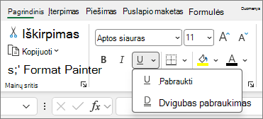 Mygtukų grupės Šriftas, skirtų naudoti keičiant šrifto stilių langelyje, ekrano nuotrauka.