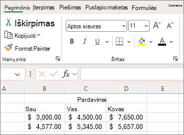Juostelės šrifto parametrų mygtukų ekrano nuotrauka.