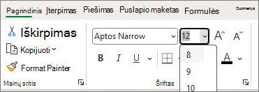 Ekrano nuotrauka, vaizduojanti išplečiamąjį sąrašą Pasirinkite kitą šrifto dydį.