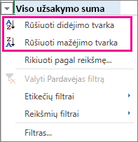 Rūšiavimo didėjimo ir mažėjimo tvarka parinktys