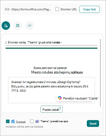 Atsakymų siuntimo ir rinkimo ekrane formą galite siųsti keliais būdais.