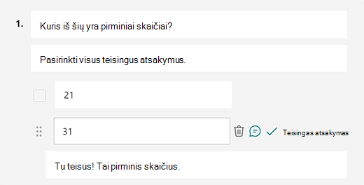 Tinkintas teisingo atsakymo pranešimas programoje 