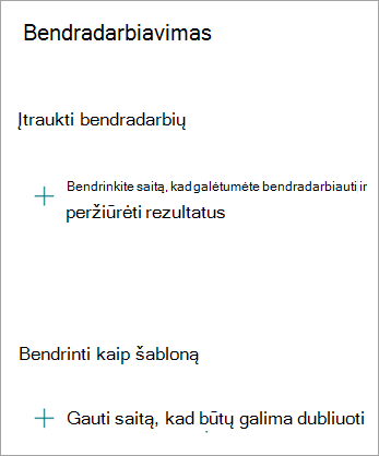 Bendradarbiavimo ekrane galite Bendrinti saitą, kad galėtumėte bendradarbiauti su kitais, arba bendrinti formą kaip šabloną, kad kas nors kitas galėtų dubliuoti jūsų formą.