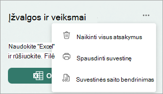 Pasirinkite Daugiau, kad būtų rodomos parinktys, leidžiančios naikinti visus atsakymus, spausdinti suvestinę arba bendrinti suvestinės saitą.