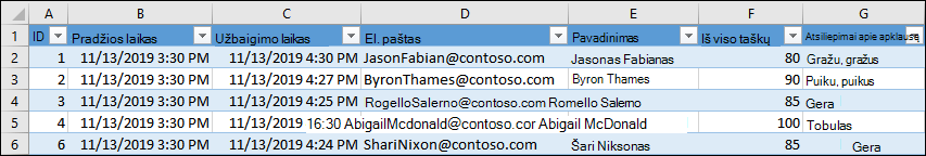 „Excel“ darbaknygė, kurioje matomi apklausos rezultatai