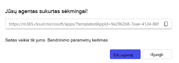 Bendrinimo parinkties, pasiekiamos kuriant agentą, ekrano kopija