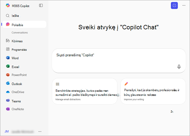 Ekrano kopija, rodanti microsoft365.com pagrindinį puslapį, kai prisijungta naudojant 
