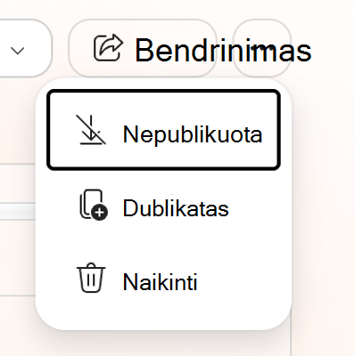 Ekrano kopija, kurioje rodoma daugiau prekės ženklo rinkinio parinkčių, įskaitant Anuliuoti publikavimą, Dublikatas ir Naikinti.