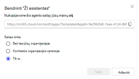 Agento bendrinimo parinkčių ekrano kopija