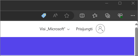 Rodomas „Microsoft 365“ puslapis su bendrąja paskyros piktograma viršutiniame dešiniajame kampe.