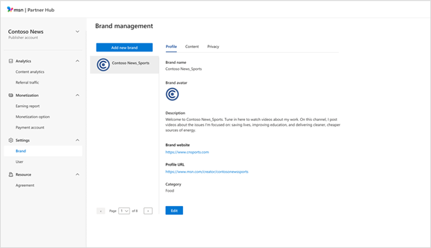 MSN prekės ženklo valdymo profilio laukai